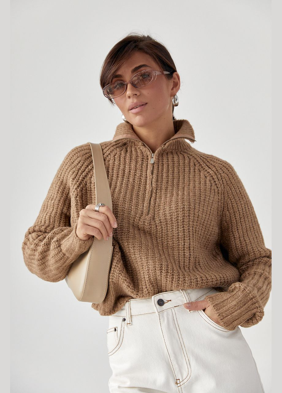 Светло-коричневый зимний женский вязаный свитер oversize с воротником на молнии 03901 Lurex