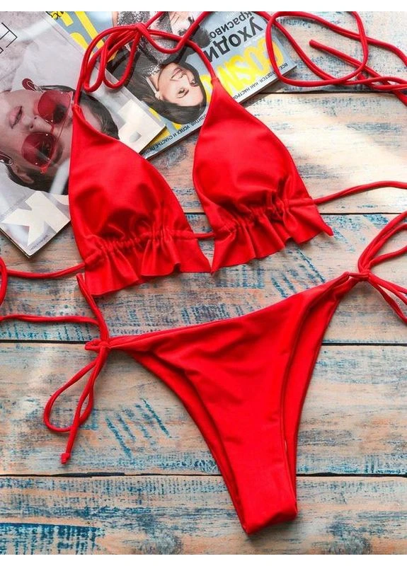 Красный летний женский раздельный купальник с рюшами на лифе завязками вокруг талии twins No Brand