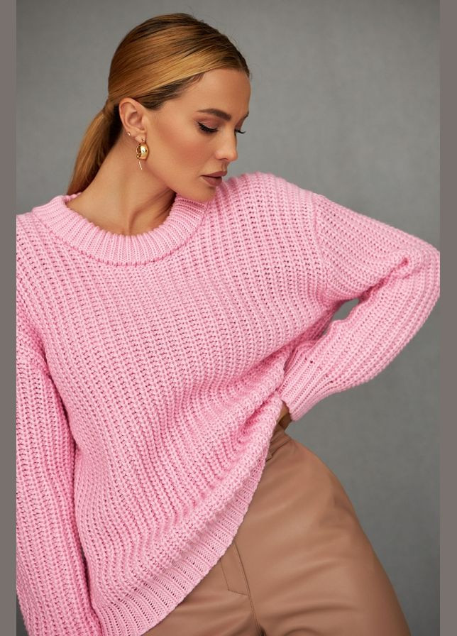 Розовый демисезонный женский объемный джемпер со спущенной линией плеча (2535) Triko Bakh