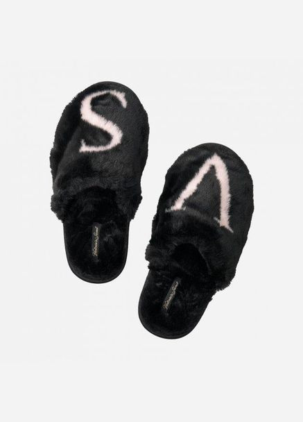 Черные тапочки женские с логотипом closed toe faux fur slipper 3839 черные Victoria's Secret