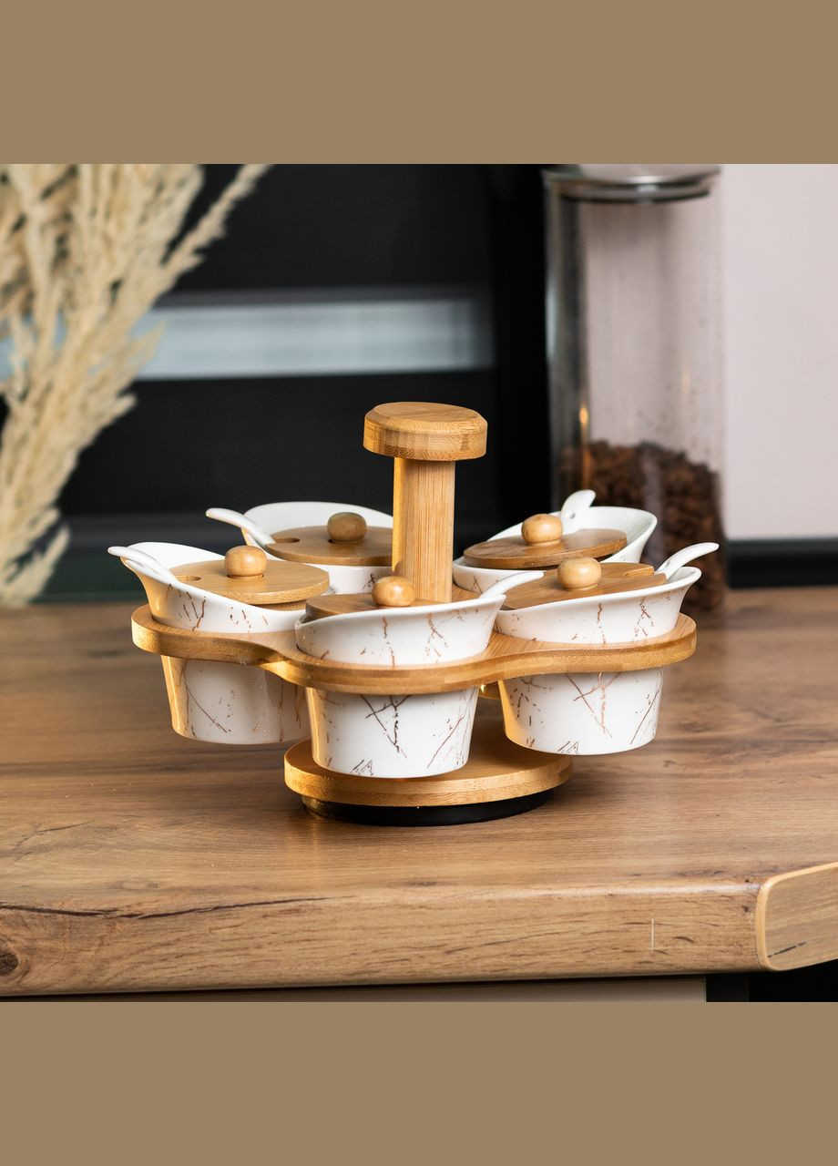 Набор баночек для сыпучих продуктов 5 штук по 120 мл на вращающейся подставке, белый мрамор Yiwu (322421161)