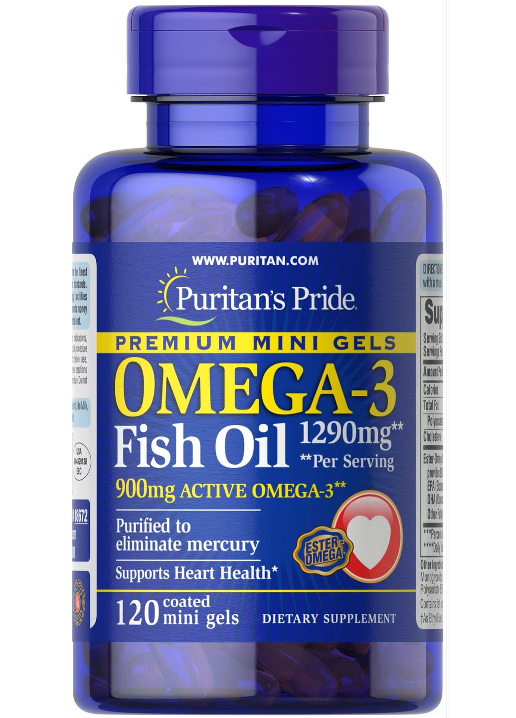 Омега -3 Puritan's Pride Omega-3 Fish Oil 645 mg Mini Gels (450 mg Active Omega-3) 120coated Softgels Puritans Pride (292555755)