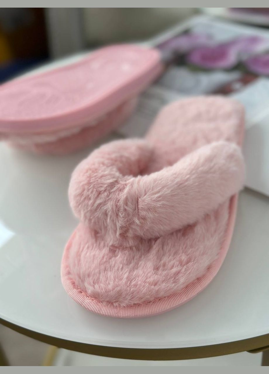 Жіночі хутряні домашні капці в'єтнамки з вікритим носком рожеві тапки No Brand (321171606)