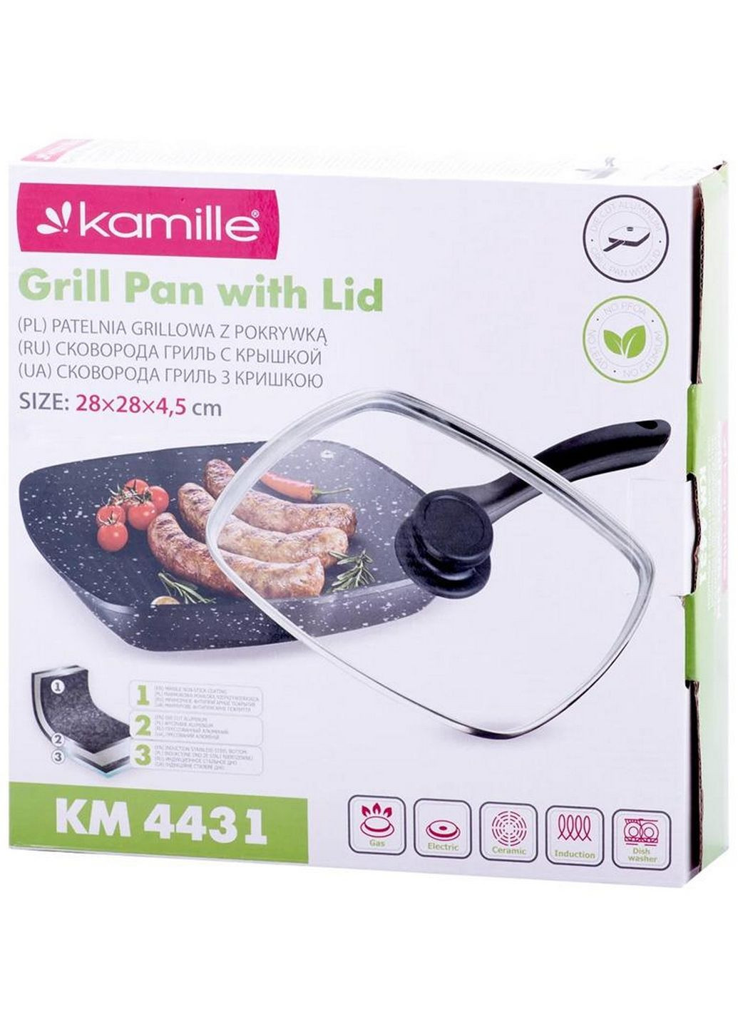 Сковорода-гриль Grill Pan со стеклянной крышкой Kamille (288185840)