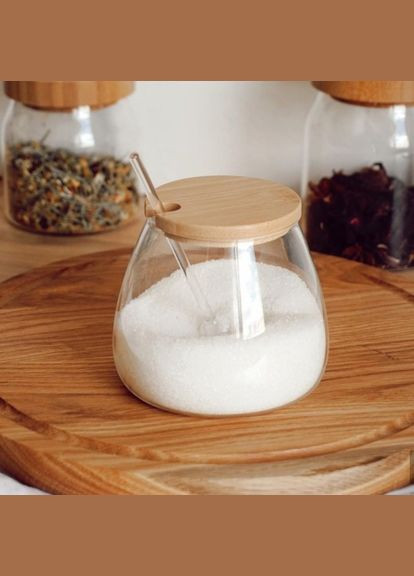 Скляна цукорниця з дерев'яною кришкою + ложка No Brand (366818129)