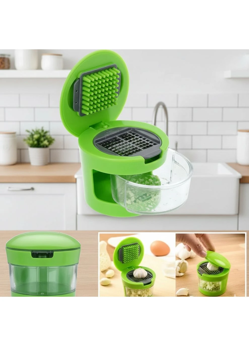 Пресс-измельчитель для чеснока с 2 насадками Чоппер Garlic Chopper с контейнером Салатовый No Brand (387646037)