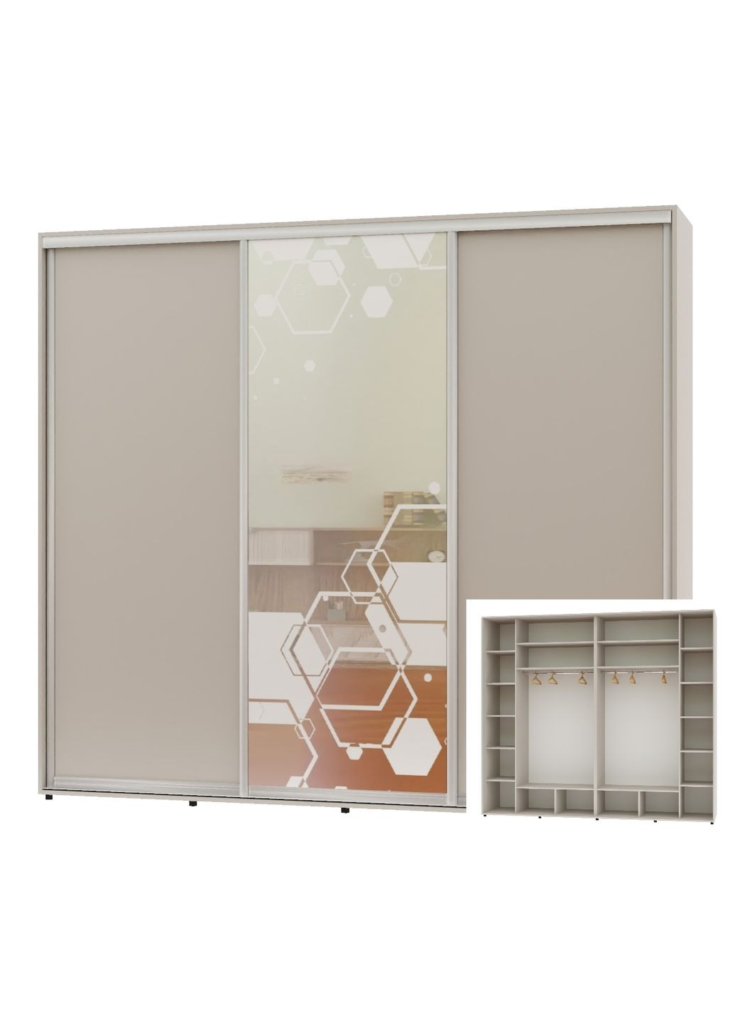 Шафа-купе тридверна 300*60*230 Кашемір 2 ДСП/Дзеркало з піскострумним малюнком Люкс-149 Алекса (360459272)