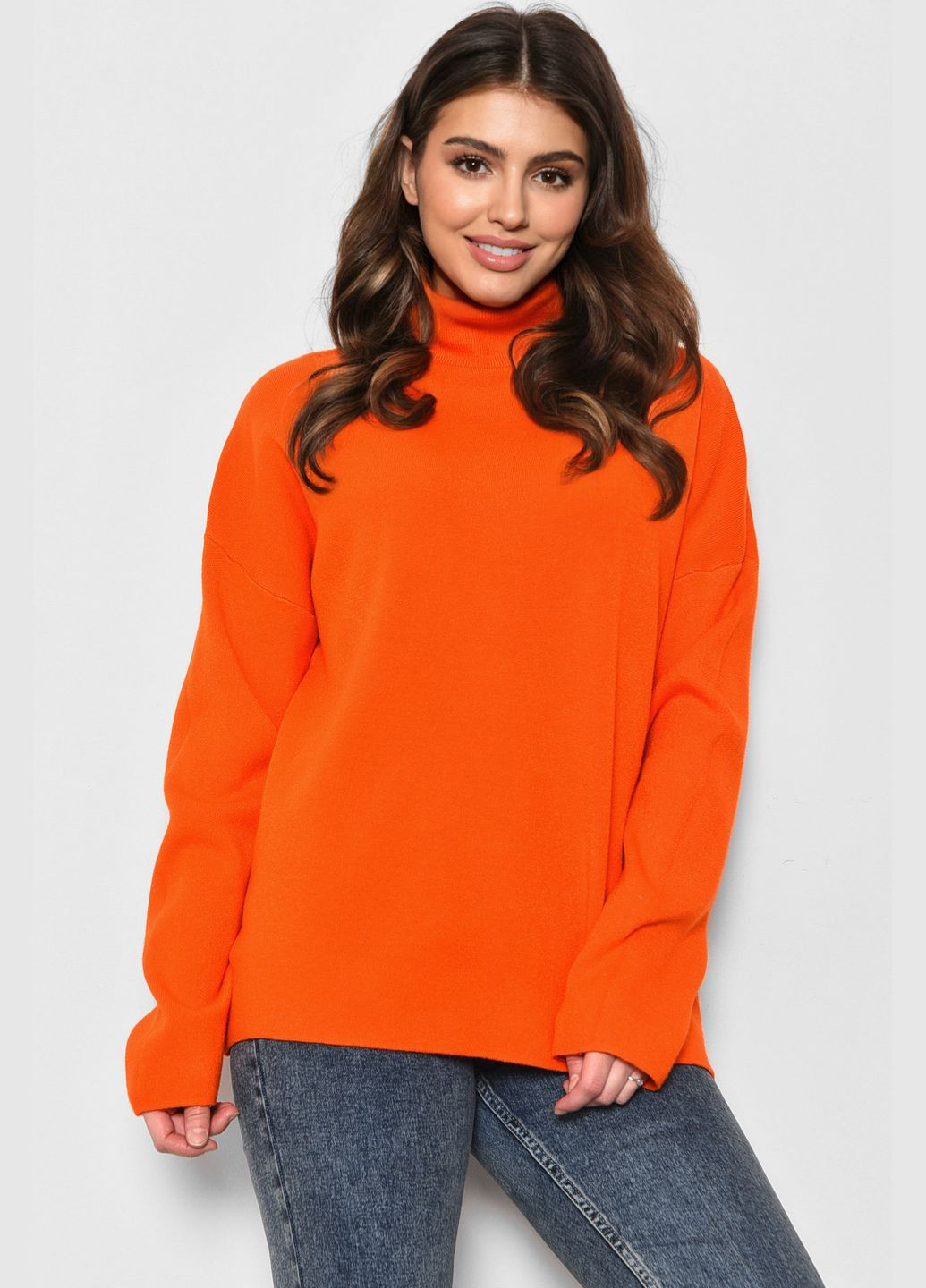 Оранжевый зимний свитер женский полубатальный оранжевого цвета пуловер Let's Shop