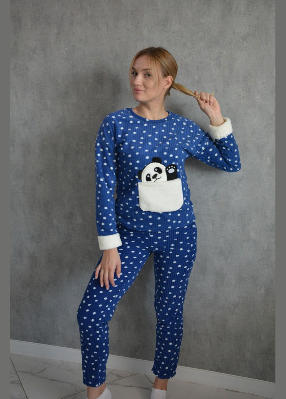Синя всесезон тепла жіноча піжама фліс панда, горошок кофта + брюки ARCAN