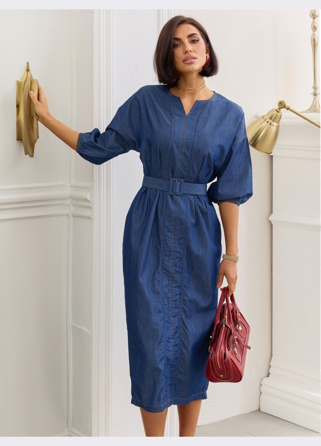 Синее повседневный джинсовое платье-миди с поясом синее Dressa однотонное