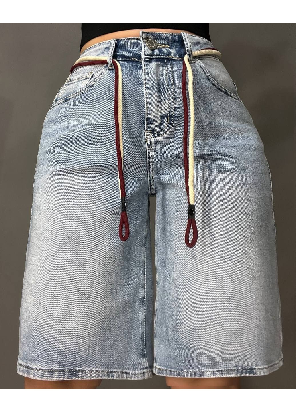 Шорты женские джинсовые Liana 4-011 бермуды широкие длина до колен пояс веревка стрейчевые голубые Lian (325812145)