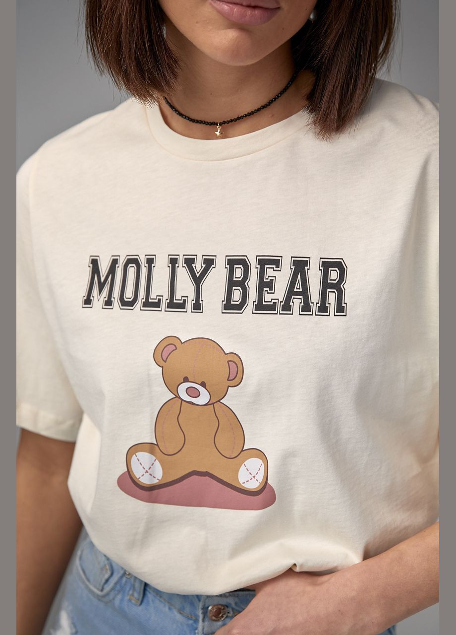 Бежевая летняя хлопковая футболка с принтом медвежонка Lurex
