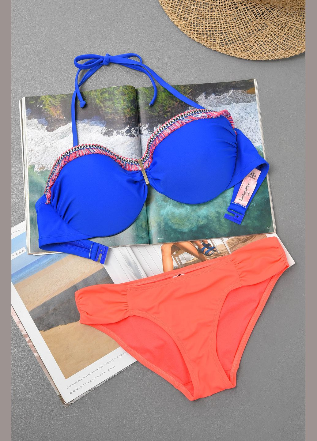 Коралловый летний купальник женский сине-оранжевого цвета чашка d бикини Let's Shop