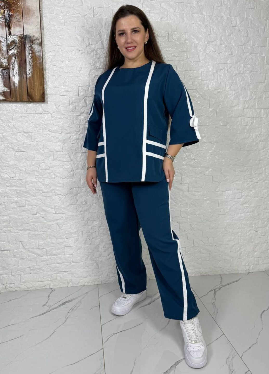 Класичний костюм двійка з декоративними стрічками: кофта з рукавами 3/4 + штани Україна (322581900)