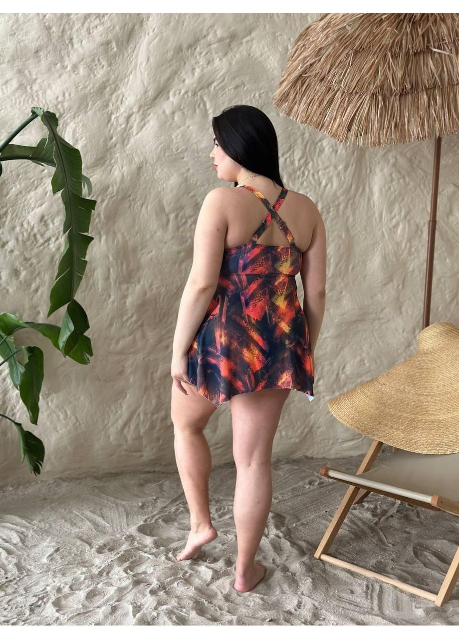 Комбинированный летний женский купальник танкини plus size с ярким принтом свободный верх с шортиками стильный / женское танкини больших размеров No Brand