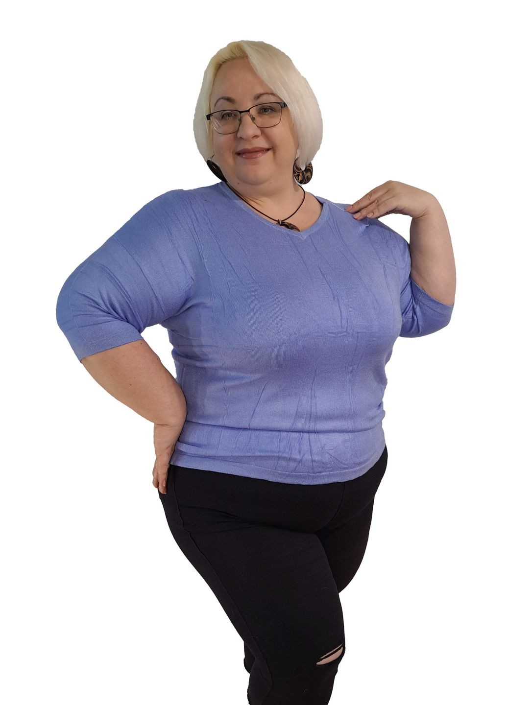 Полувер-американка женская с люрексом, однотонный, рукав 3/4, размер батал в голубом цвете размер 50-58 No Brand (364504054)