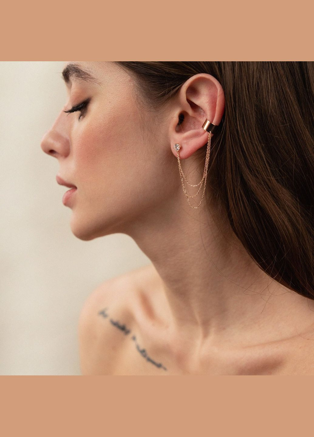 Сережка каффа Трініті в червоному золоті з ланцюжками (фіаніт) с08019 Oniks (264644368)