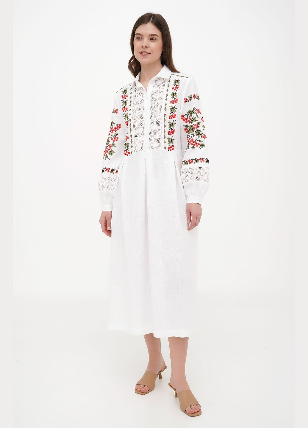 Білий святкова лляна сукня під пояс з мереживом та рослинним орнаментом калина., р., код 0459/54/999 ГАЛЕРЕЯ ЛЬОНУ