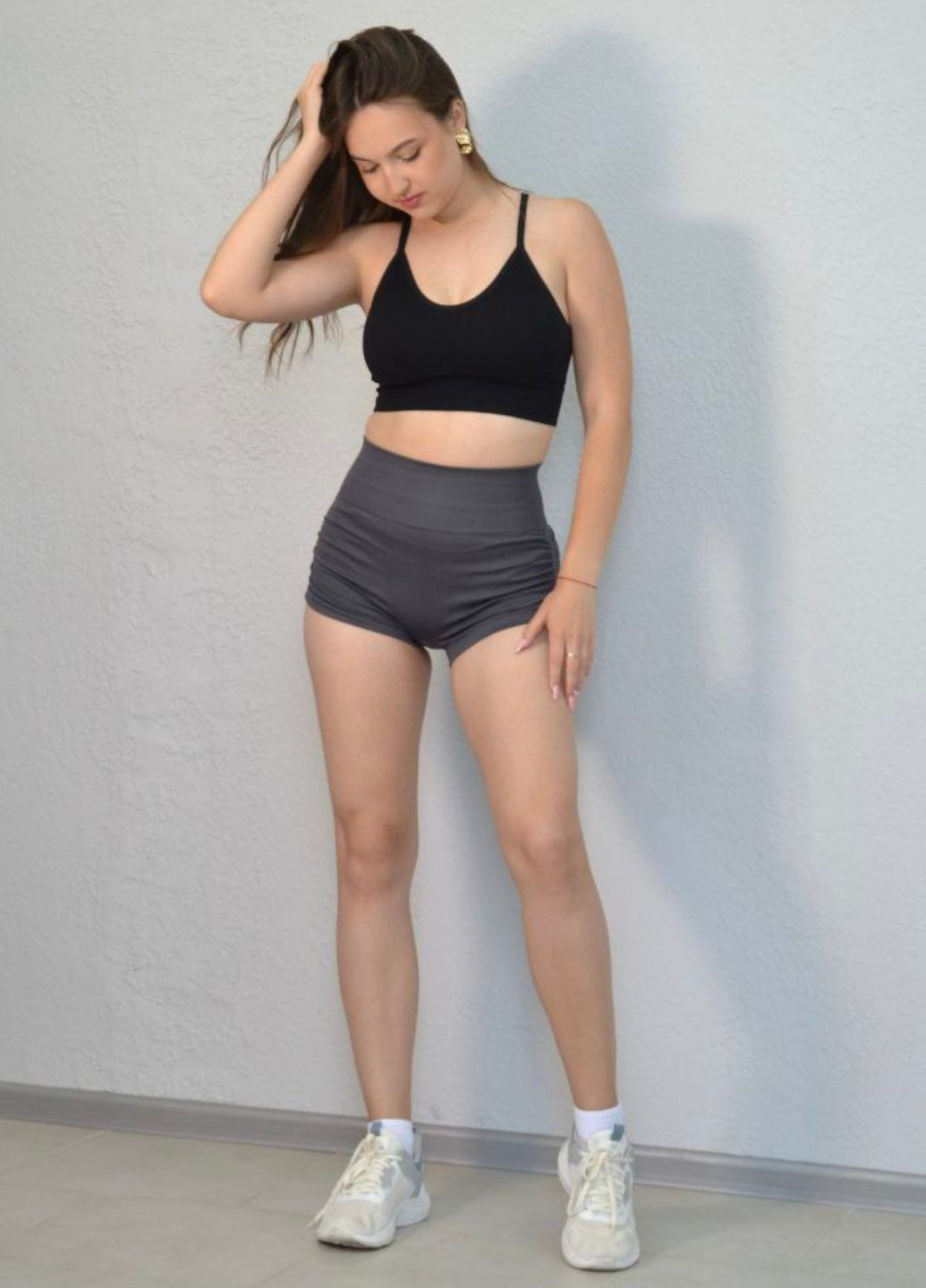 Шорти з високою талією у рубчик з ефектом пуш ап сірі (70163) FitFiesta (338379175)