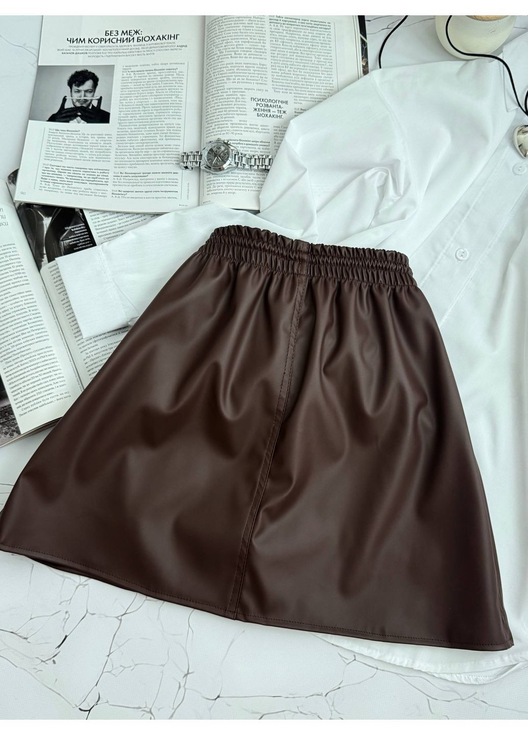 Темно-коричневая юбка эко кожа+вискоза,на резинке,подкладка шортики Україна