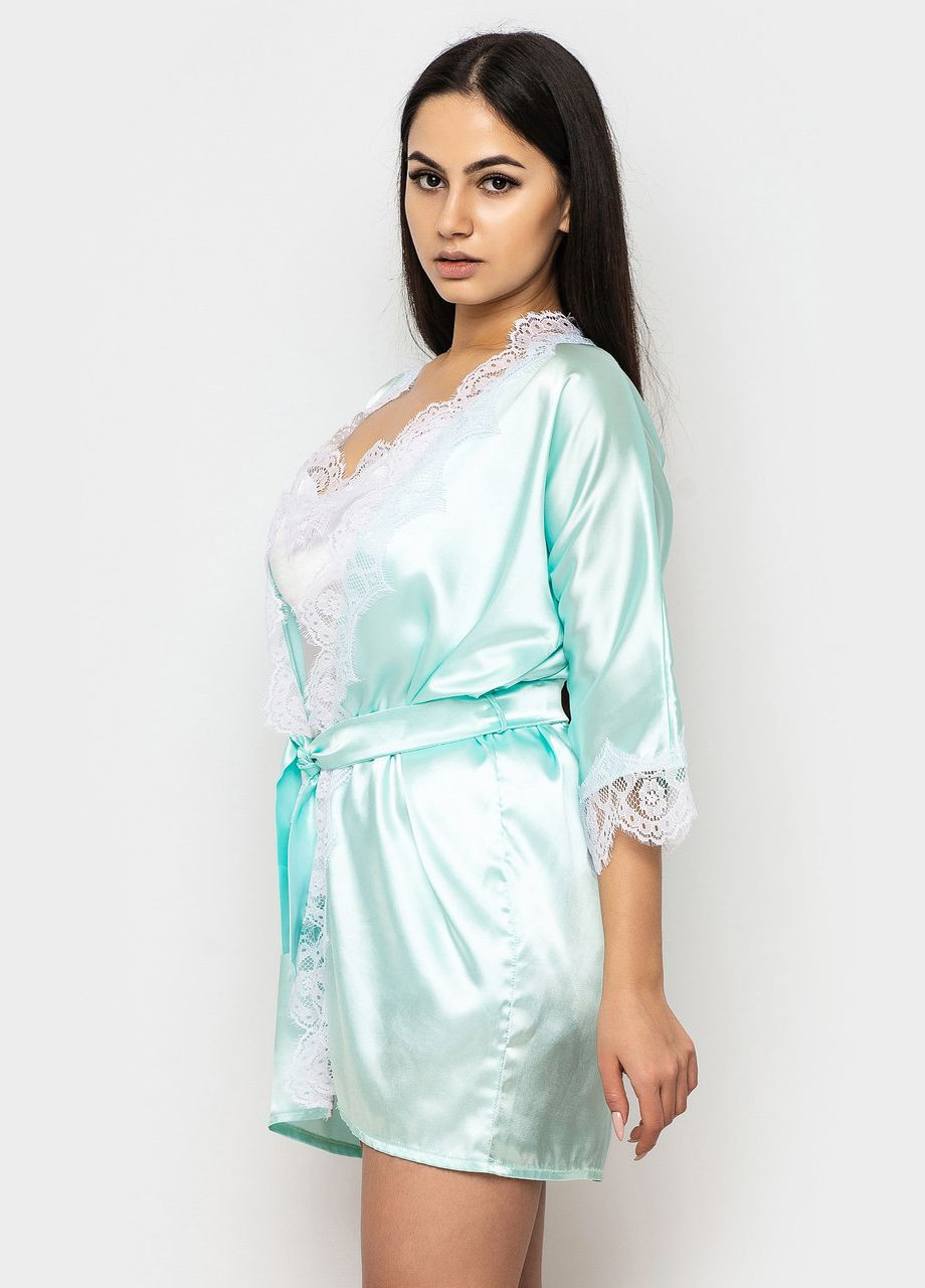 М'ятна всесезон домашній комплект (мереживний топ + шорти + халат) топ + шорти Ghazel