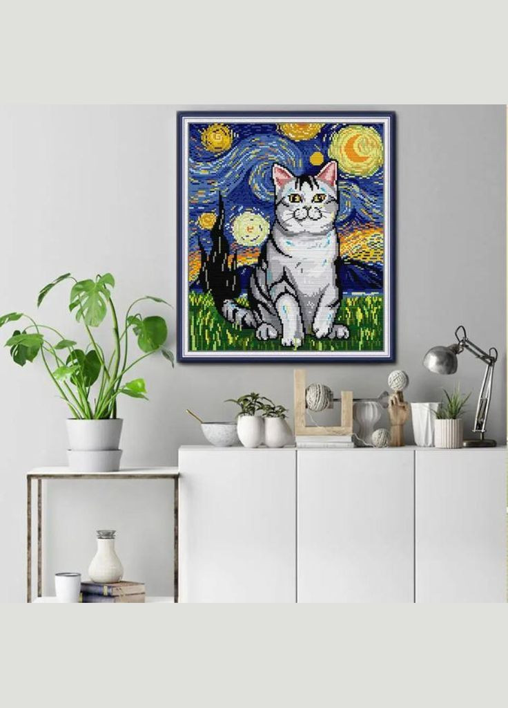 Набор для вышивания по нанесённой на канву схеме "Starry Night Cat". AIDA 14CT printed,31*35см Joy Sunday (313613409)