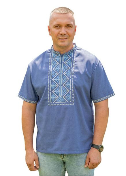 Синяя мужская льняная рубашка-вышиванка с геометрическим орнаментом летняя Україна узор орнамент лен (334348454)