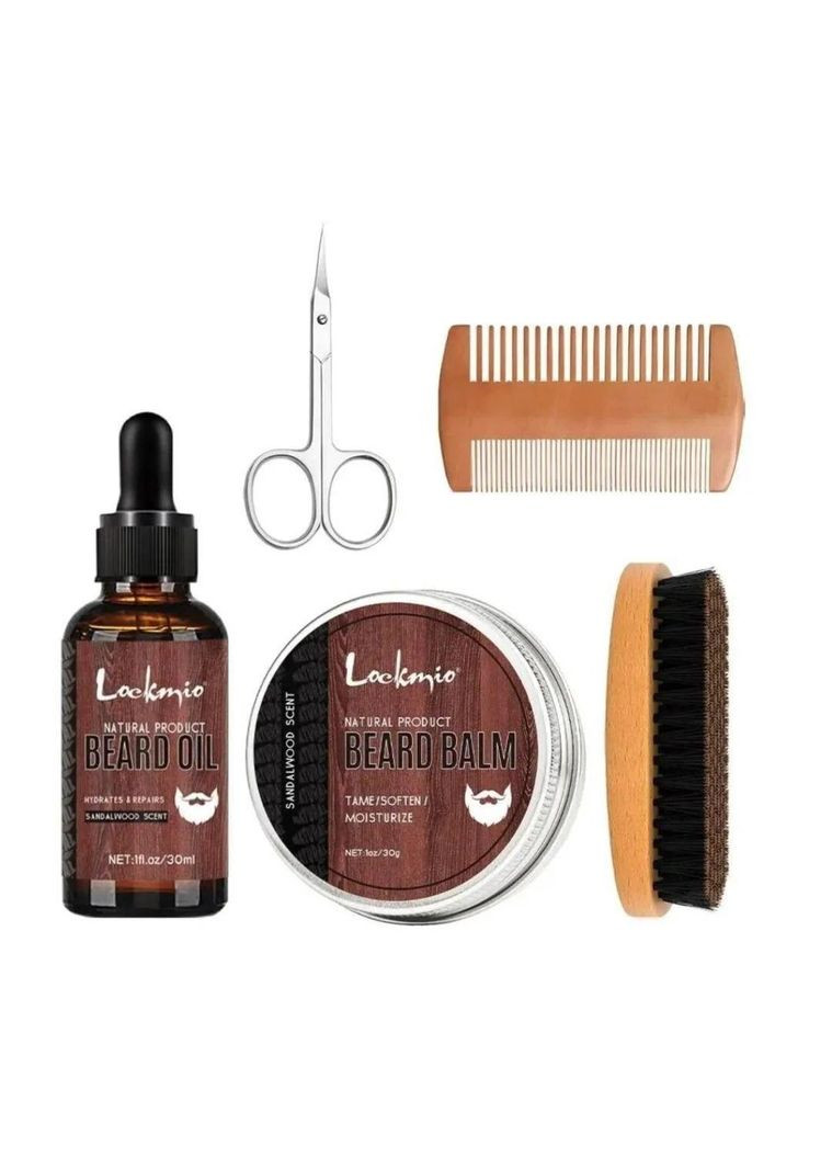 Набор для ухода за бородой масло бальзам гребень щетка ножницы аромат сандалового дерева Lockmio (357260911)