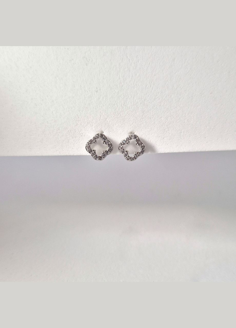 Срібні сережки гвоздики на фіксаторах Квітка з Білими каменями срібло 925 проби Родоване 1.10г 1057 No Brand (306741635)