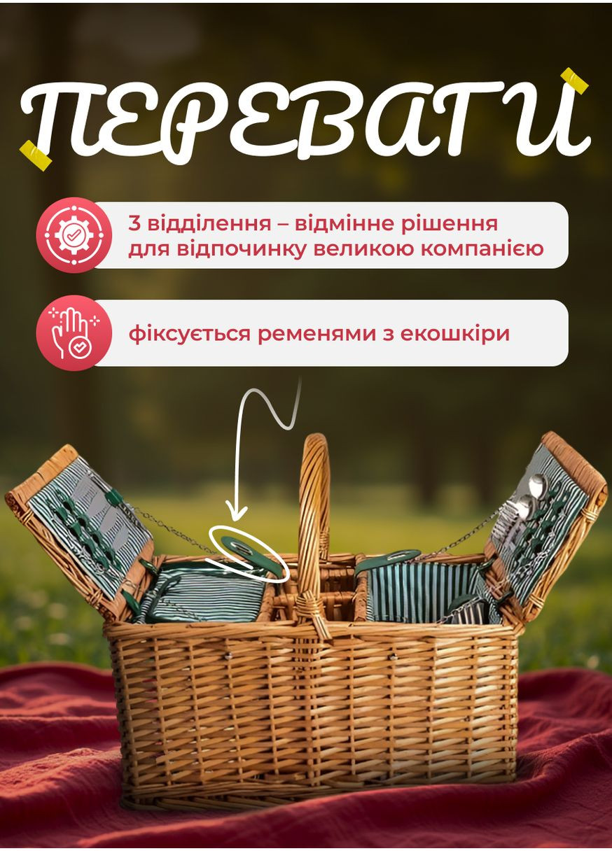 Кошик для пікніка на 4 персони Yiwu HP-ZQ-3 48х33х43 см 3 відділення з термосумкою No Brand (351361383)