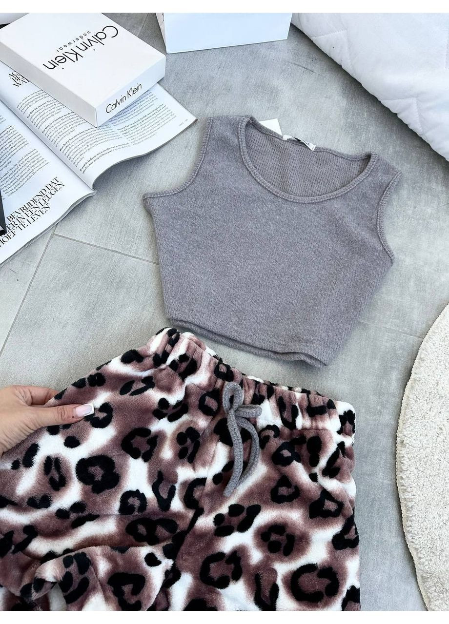 Серая женская плюшевая пижама лео принт майка + шорты No Brand С1527-042/1