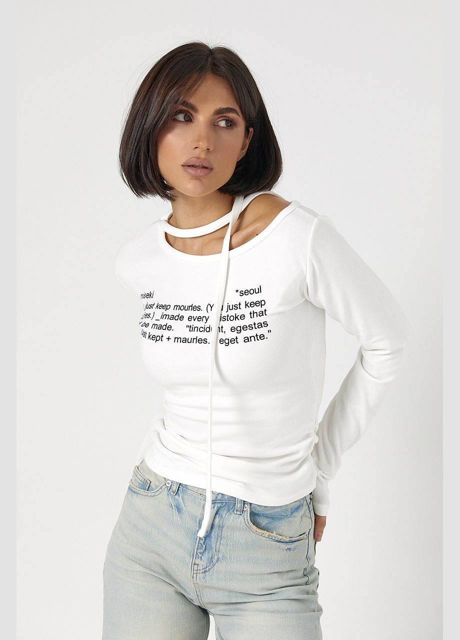 Трикотажный лонгслив на завязках с ассиметричной горловиной - молочный Lurex (324392813)