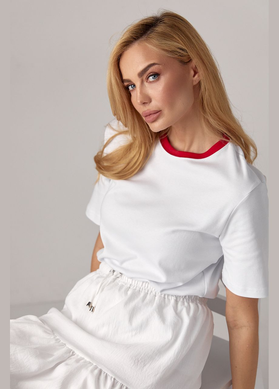 Трикотажная женская футболка с контрастной окантовкой - белый с красным Lurex - (293301484)