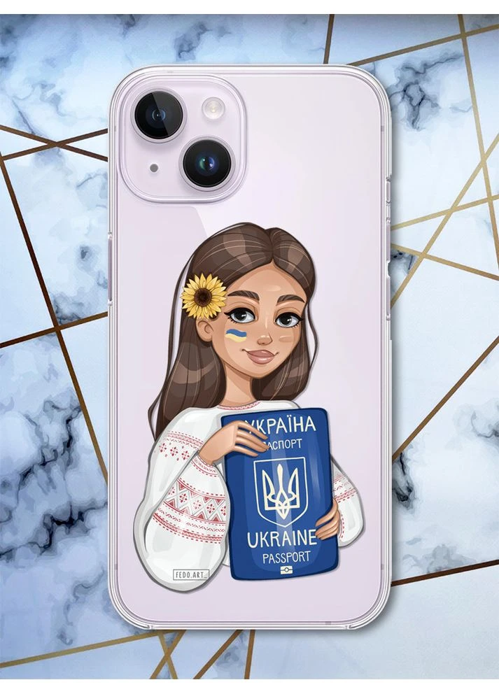 Прозорий чохол із захистом камери на iPhone 14 патріотичний дизайн Українка з паспортом принт 12 Creative (359494705)