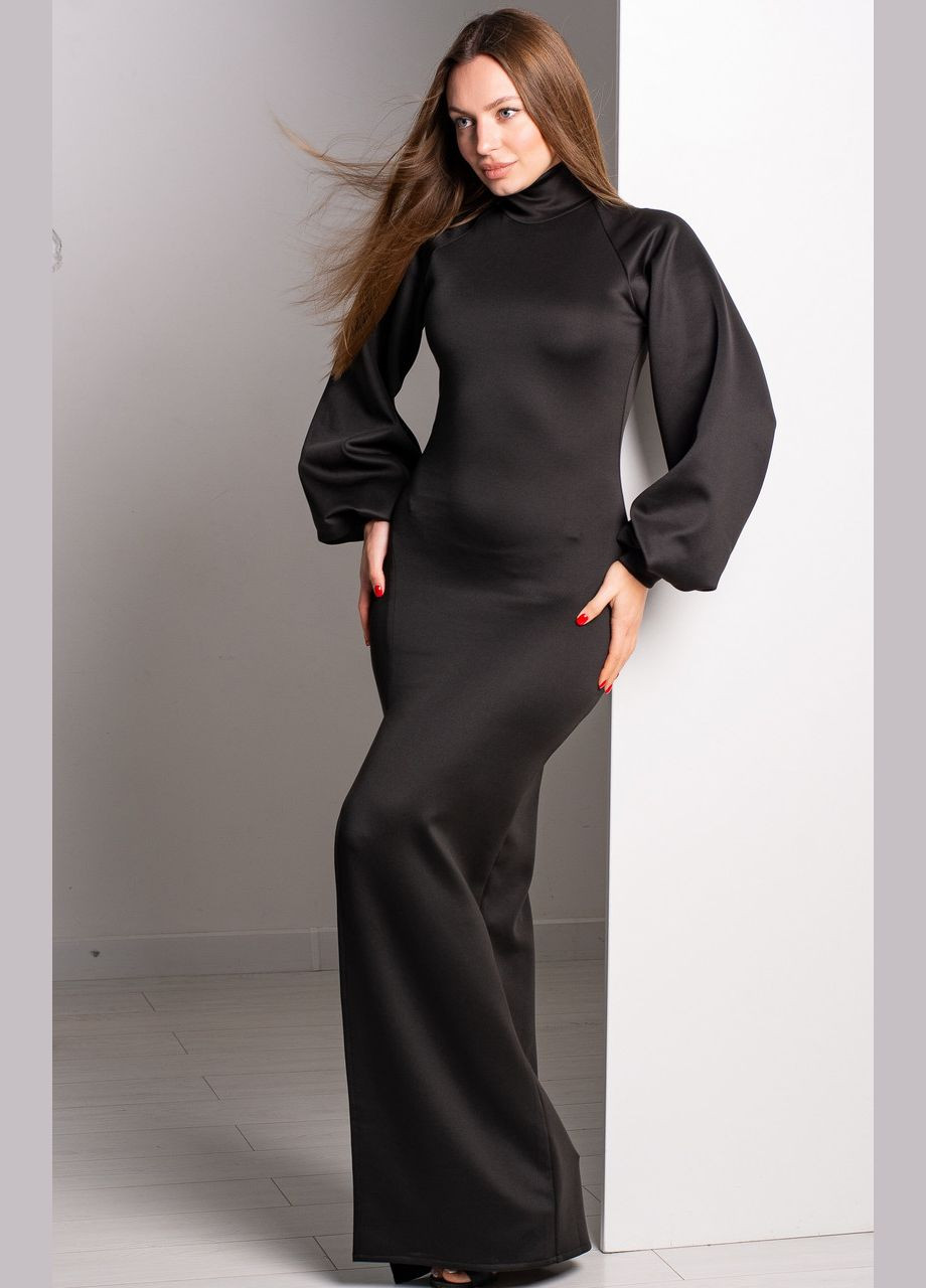 Черное коктейльное элегантное длинное платье-гольф макси с рукавом реглан и разрезом. обтягивающее, трикотажное. No Brand однотонное