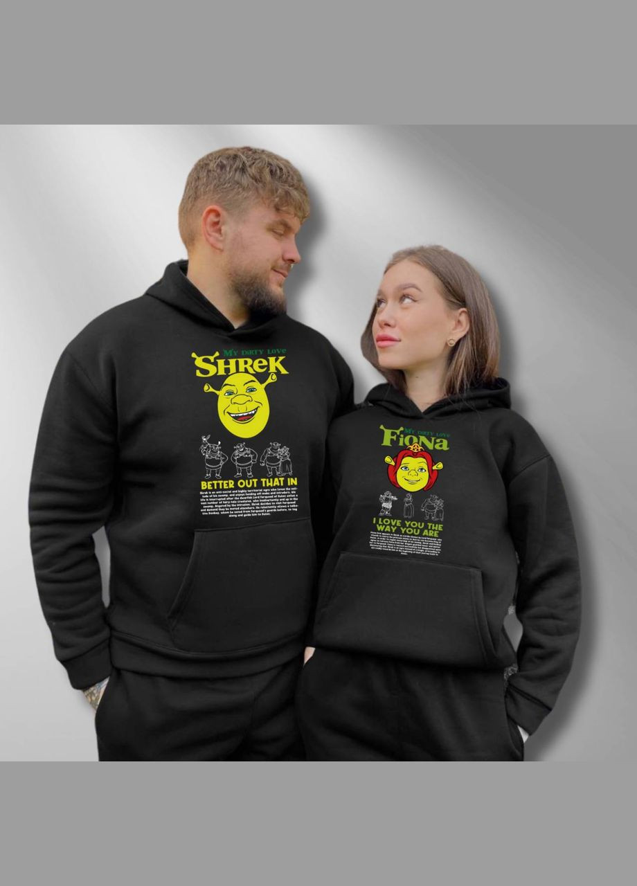 Парные тощие с капюшоном утепленные, в черном цвете, принт "Шрек и Фиона" (131) Hand Made (358897735)