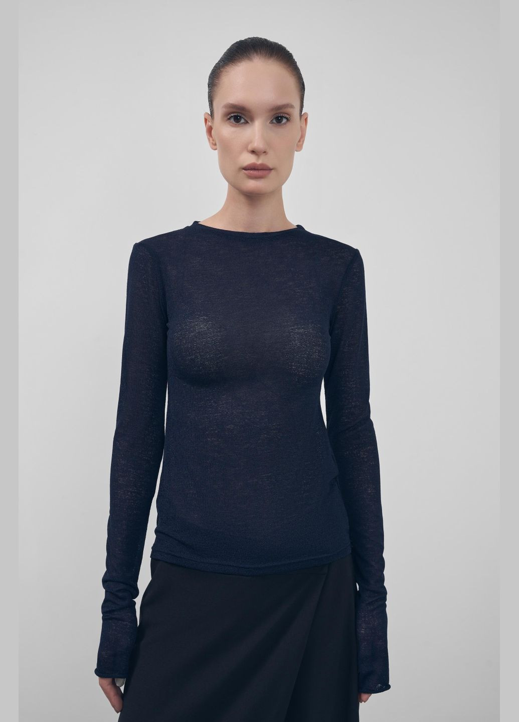 Текстурний лонгслів з подовженими рукавами темно-синього кольору FLOW (313587639)