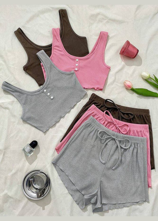 Пудровая всесезон пижама в рубчик топ + шорты Adelante