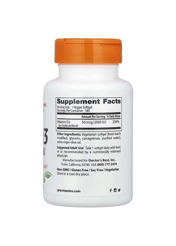 Вітамін D Vitamin D3 2000 IU, 180 вегакапсул підтримання здоров'я кісток та зубів Doctor's Best (341325138)