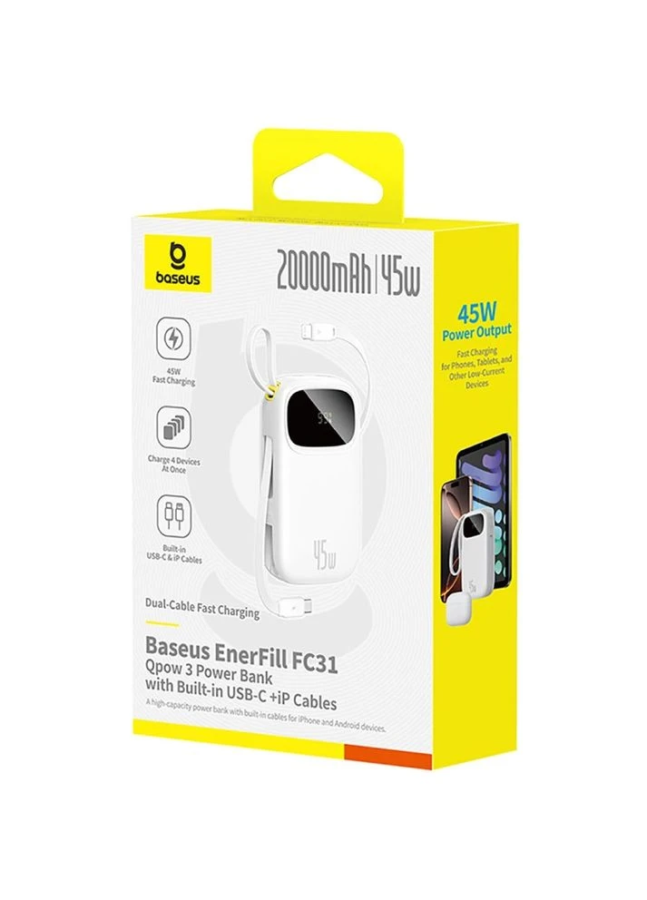 УМБ 20000mAh EnerFill FC31 45W PD,QC,USB-A,USB-C In/Out, встроенный кабель USB-C/Lightning Белый Baseus (375660039)
