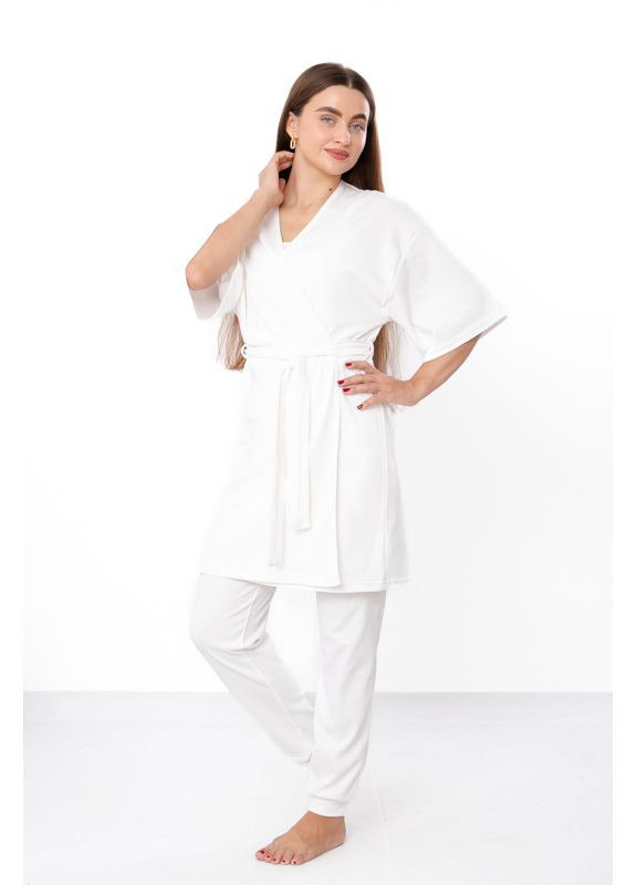 Молочна всесезон домашній комплект жіночий (халат+топ+штани) однотонний (p-17975) Носи своє