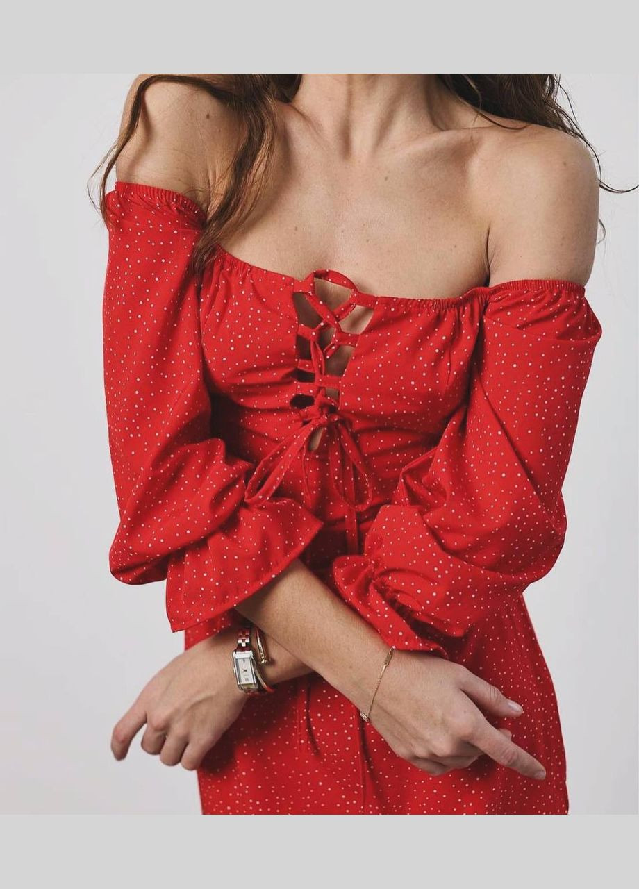 Красное нежное красное платье в горошек со шнуровкой спереди и с резинкой на спине, платье-макси с длинным рукавом и разрезом от бедра No Brand