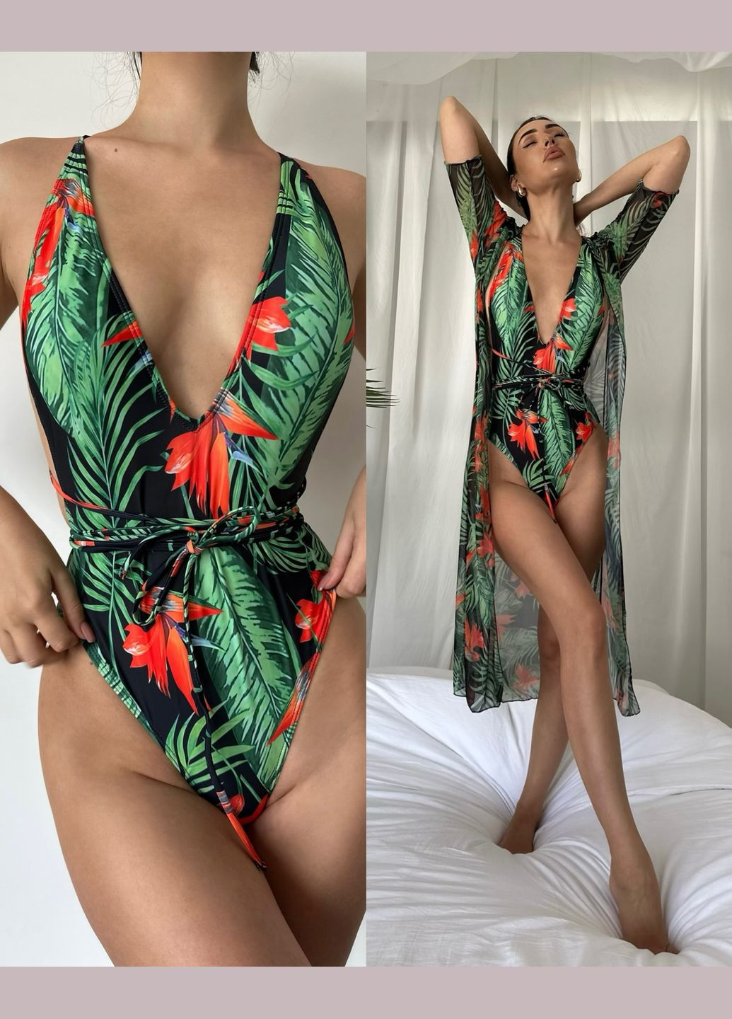 Зелений літній комплект 2в1: жіночий спільний купальник та туніка з тропічним принтом ecuador рожевий No Brand