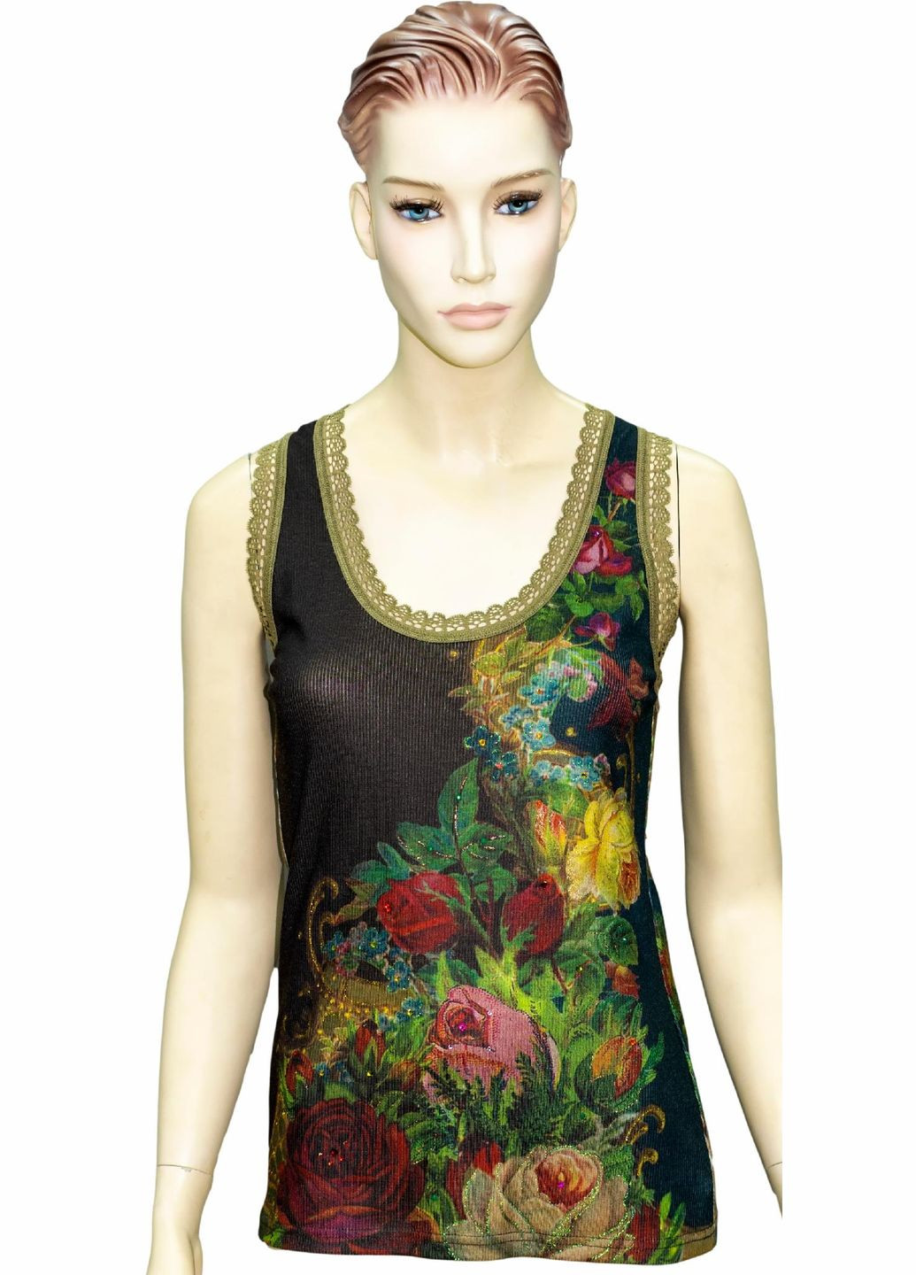 Женская майка "Цветочная феерия" с кристаллами Swarovski, кружевом и глитером (р-L) Michal Negrin — 347018210