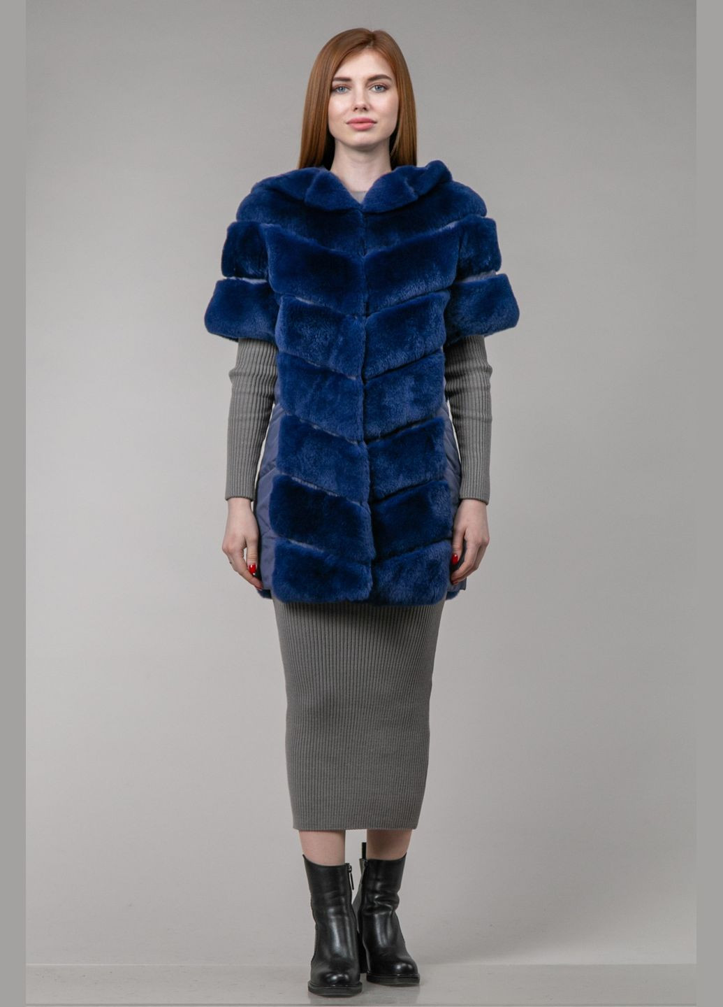 Темно-синя зимня куртка-трансформер із хутра шиншилового кролика куртка-трансформер Chicly Furs