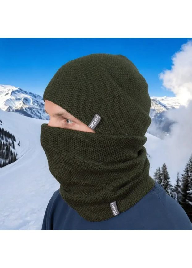 Мужской зимний комплект шапка с хомутом на флисе, вязаный набор One Size 50–60, теплый акриловый цвет хаки No Brand (363052198)