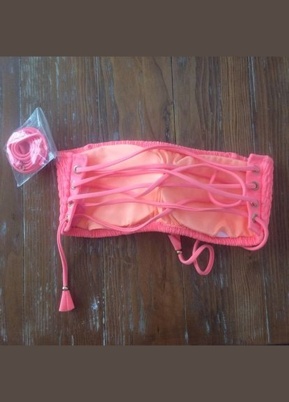 Персиковый летний купальник женский бандо smocked lace-up bandeau neon nectar (размер s) Victoria's Secret