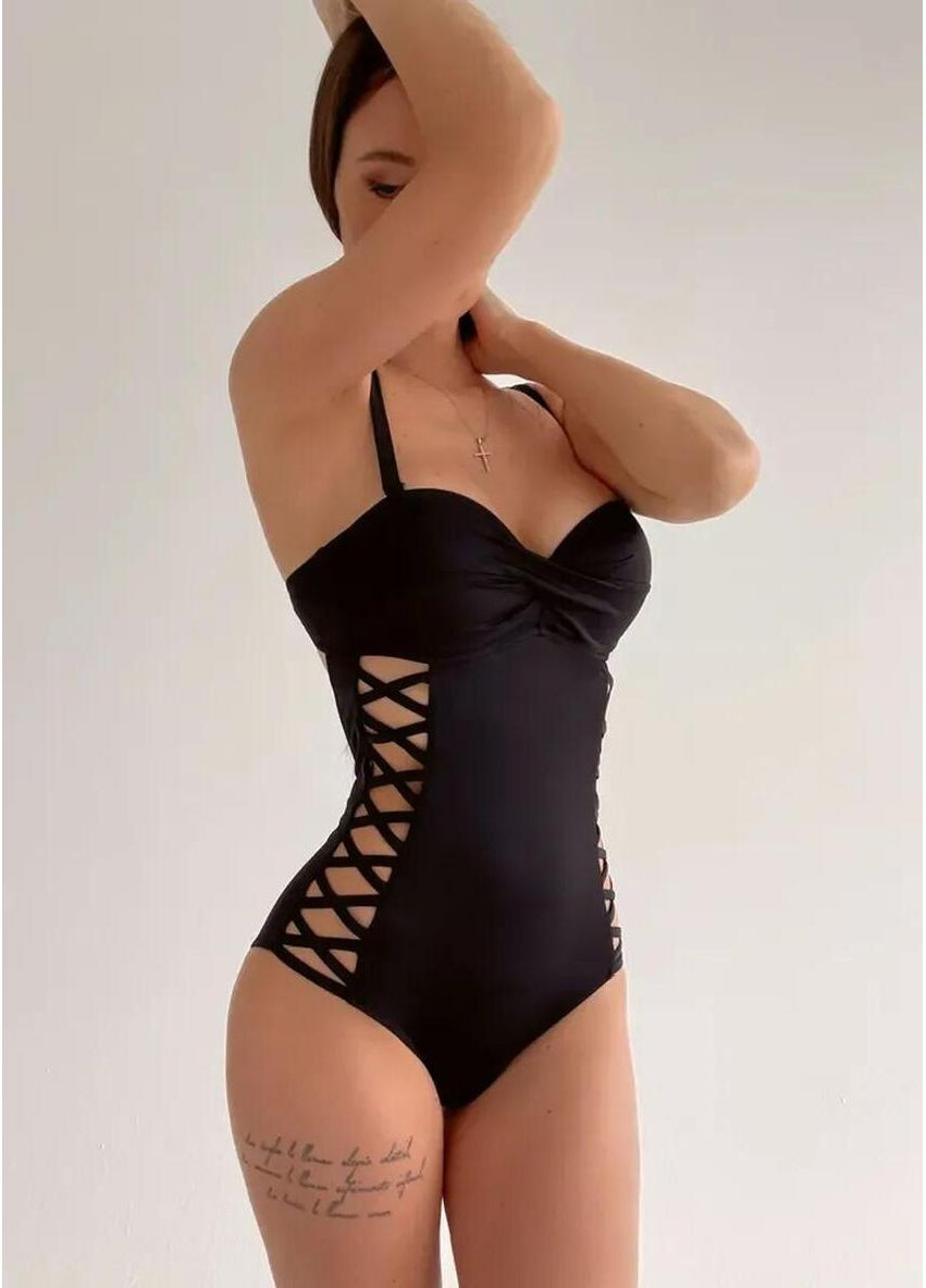 Черный демисезонный женский эффектный слитный купальник со шнуровкой по бокам стильные сплошные купальники с открытой спиной на завязке для женщин слитный Cindylove