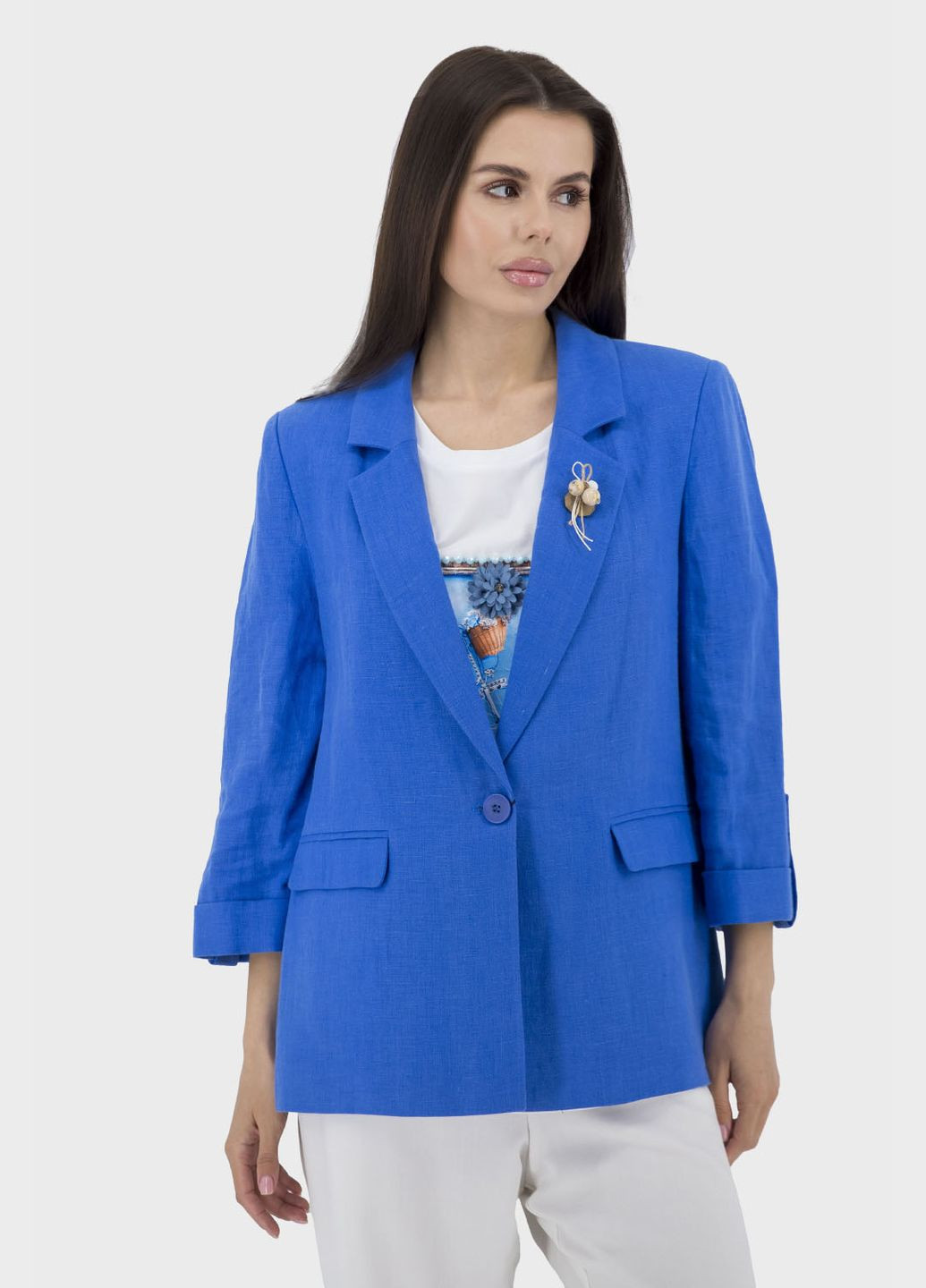 Синий женский женский льняной приталенный пиджак с брошью (, ), 33333 Mare Sole однотонный - летний