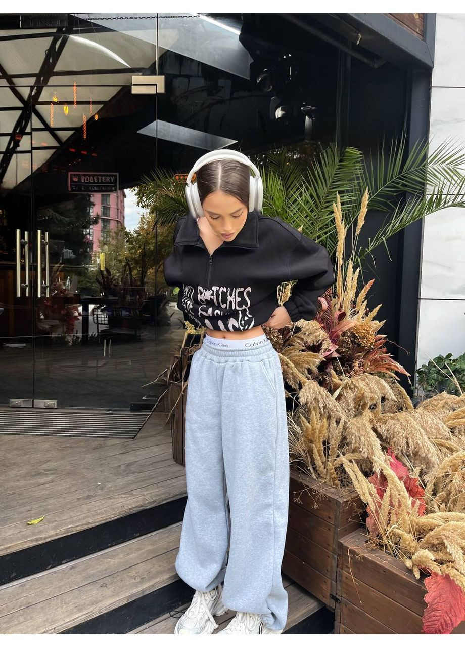 Женские теплые брюки палаццо на флисе с лого-резинкой No Brand (366391794)